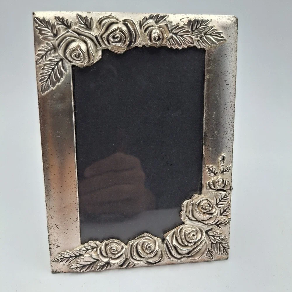 Vintage Silver Tone Metal Rose Picture Frame Ornate Floral 3.5x5 Tabletop Easel